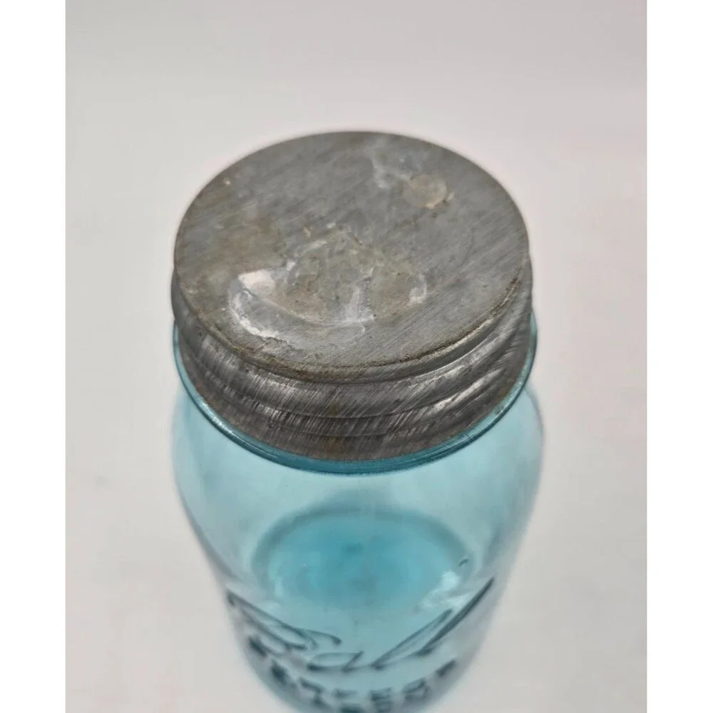4 Vtg BALL PERFECT MASON Aqua Blue Quart Canning Jars 1910-1933